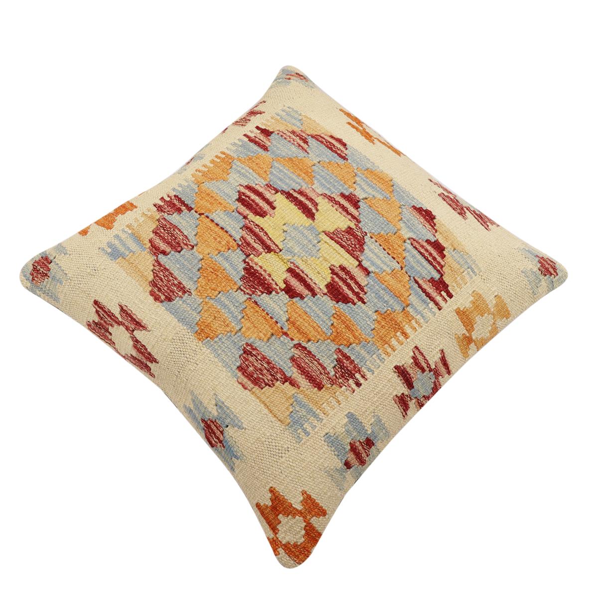 handmade Traditional Pillow Beige Blue Hand-Woven SQUARE 100% WOOL Hand woven turkish pillow2 x 2