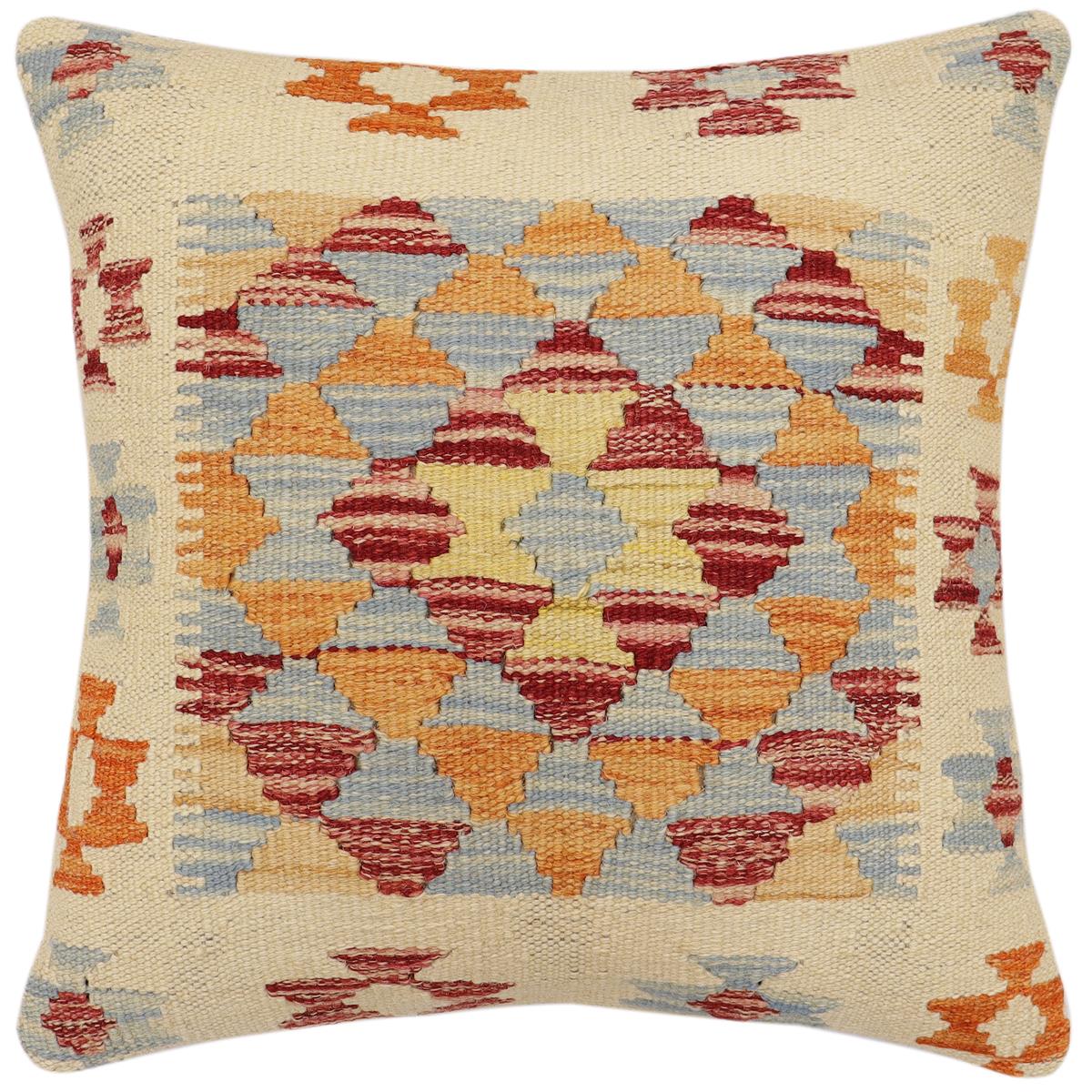 handmade Traditional Pillow Beige Blue Hand-Woven SQUARE 100% WOOL Hand woven turkish pillow2 x 2