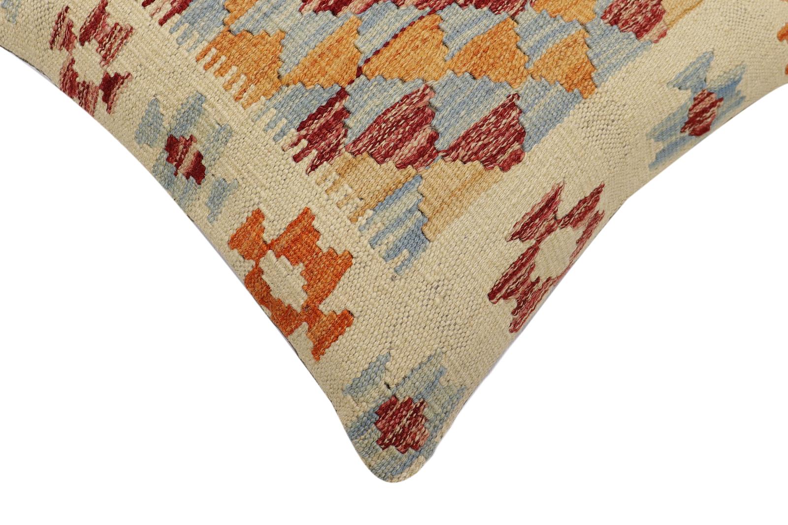 handmade Traditional Pillow Beige Blue Hand-Woven SQUARE 100% WOOL Hand woven turkish pillow2 x 2