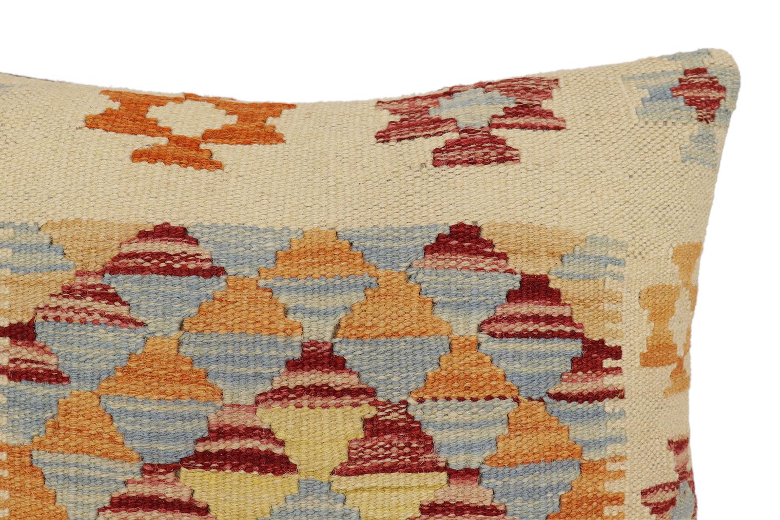 handmade Traditional Pillow Beige Blue Hand-Woven SQUARE 100% WOOL Hand woven turkish pillow2 x 2