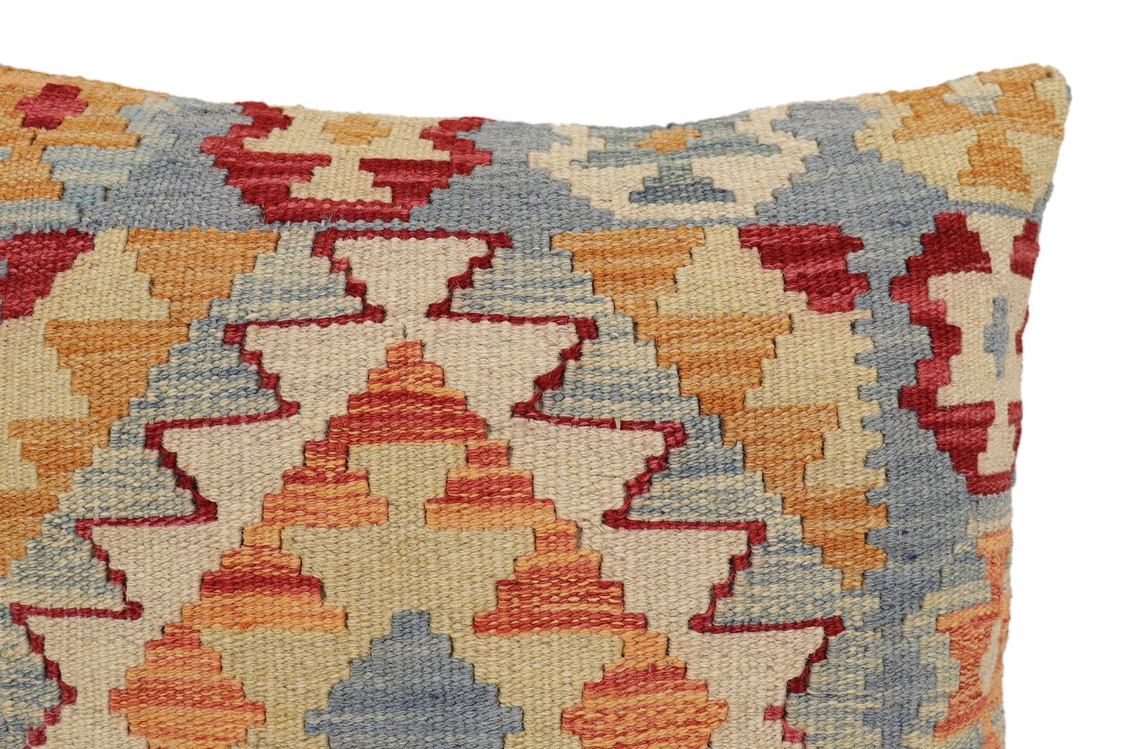 handmade Traditional Pillow Blue Beige Hand-Woven SQUARE 100% WOOL Hand woven turkish pillow2 x 2