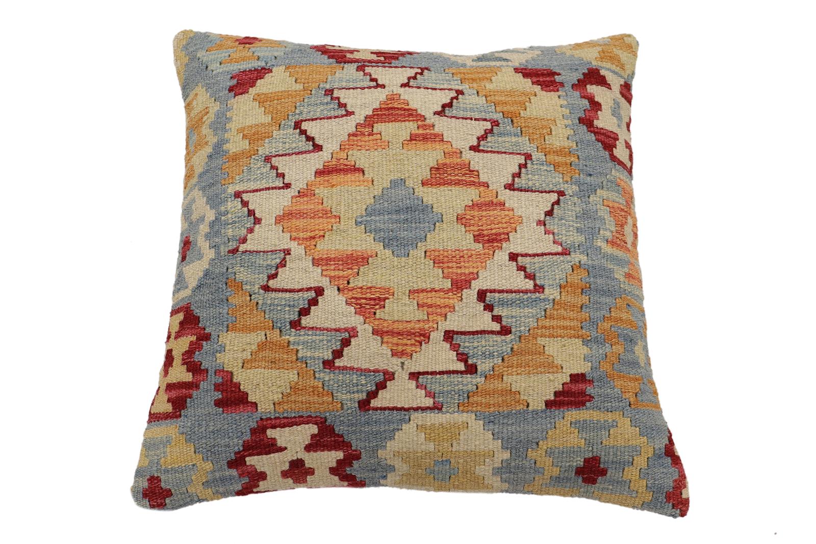 handmade Traditional Pillow Blue Beige Hand-Woven SQUARE 100% WOOL Hand woven turkish pillow2 x 2