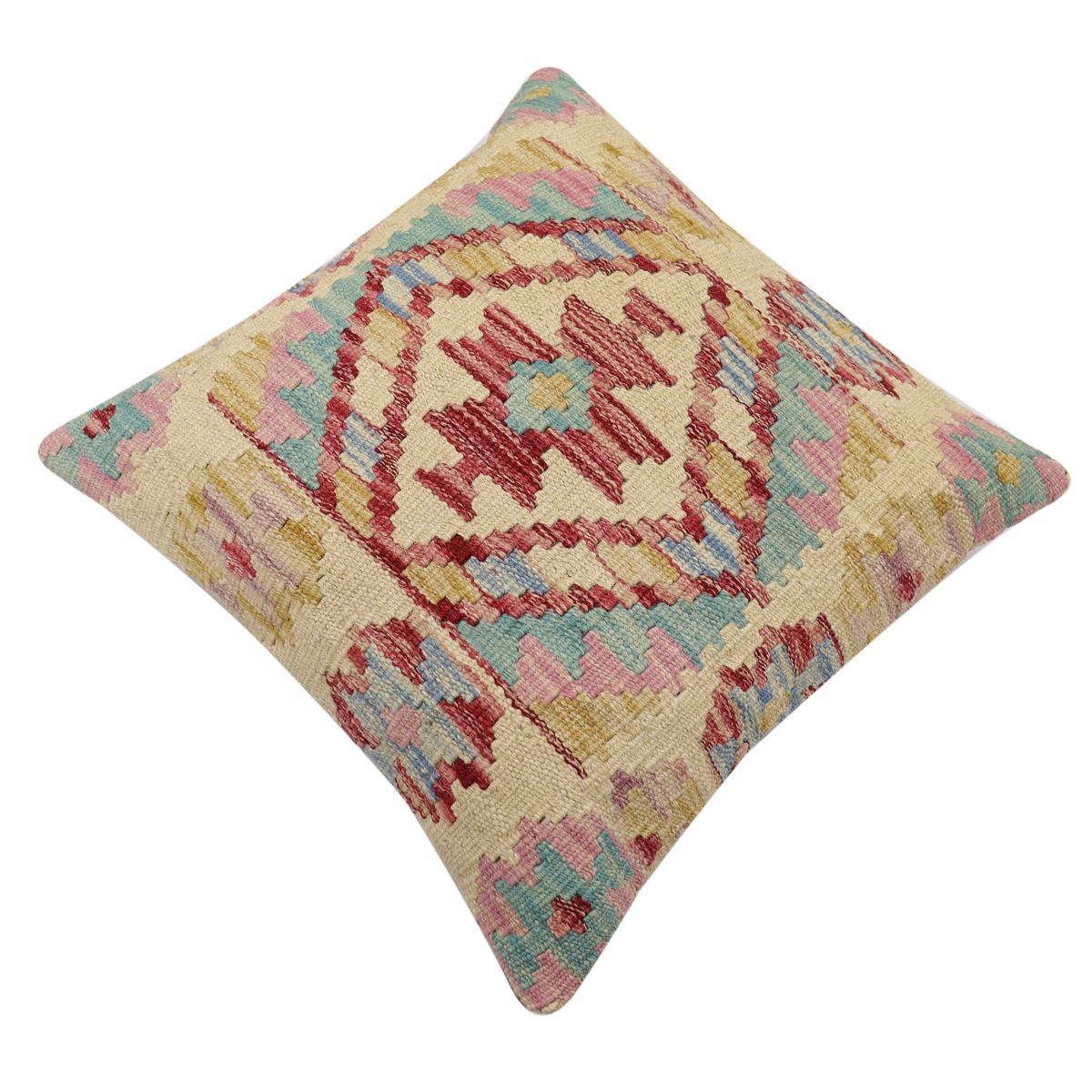 handmade Traditional Pillow Beige Red Hand-Woven SQUARE 100% WOOL Hand woven turkish pillow2 x 2