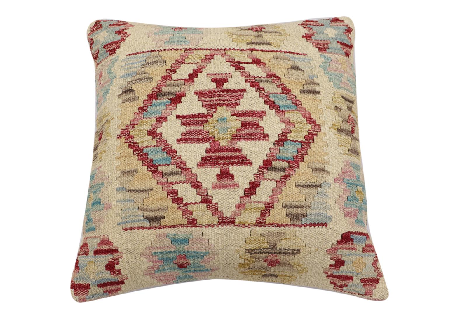 handmade Traditional Pillow Beige Red Hand-Woven SQUARE 100% WOOL Hand woven turkish pillow2 x 2