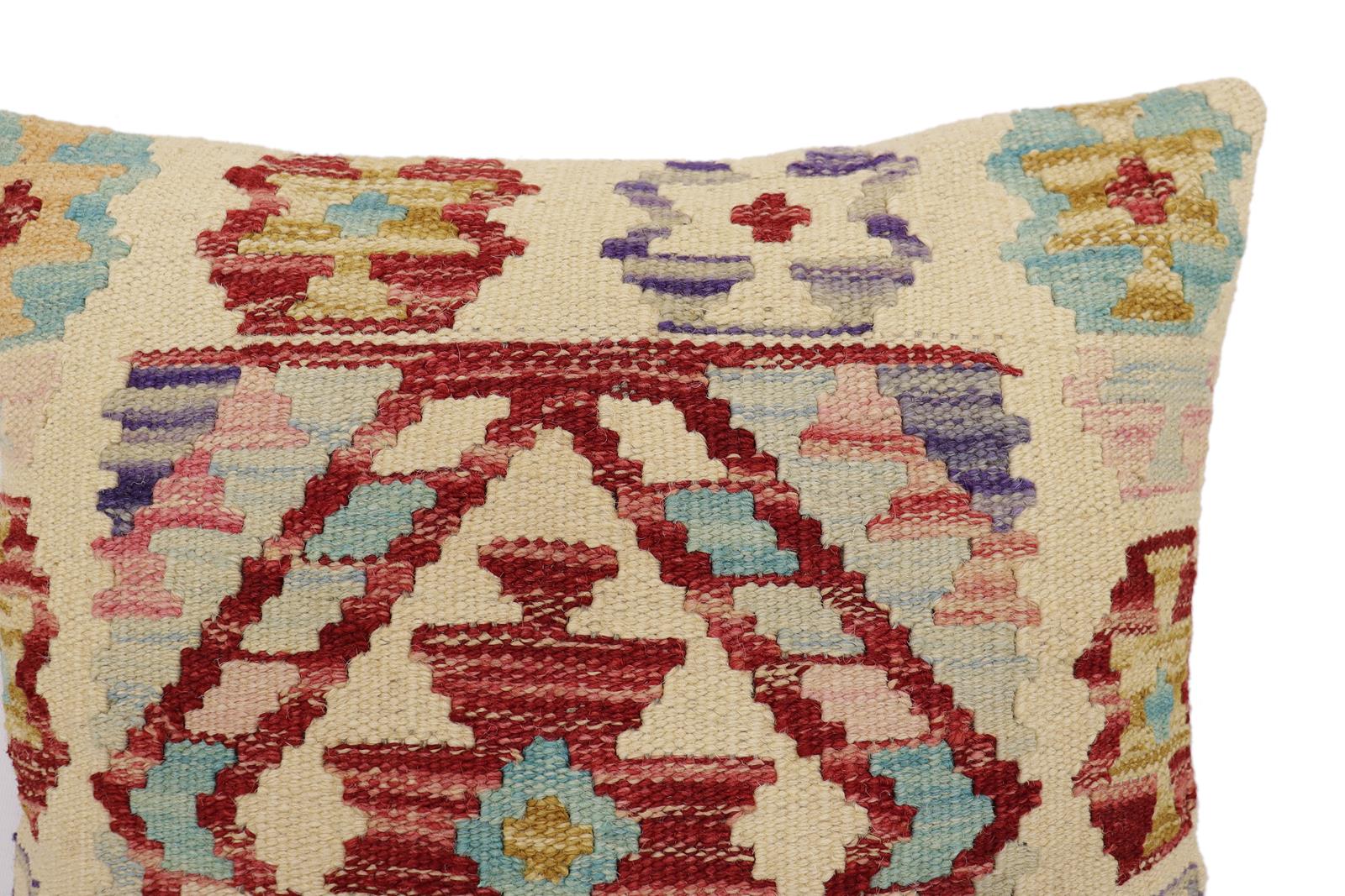 handmade Traditional Pillow Beige Red Hand-Woven SQUARE 100% WOOL Hand woven turkish pillow2 x 2