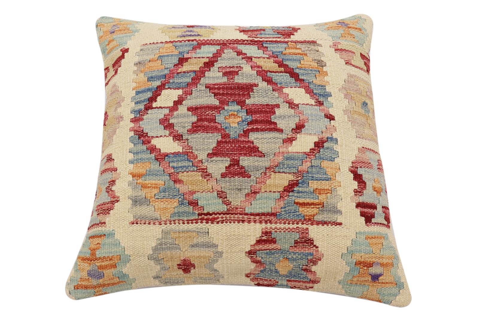 handmade Traditional Pillow Beige Red Hand-Woven SQUARE 100% WOOL Hand woven turkish pillow2 x 2