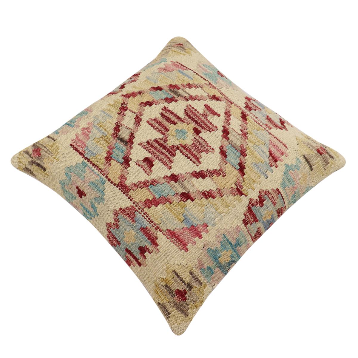 handmade Traditional Pillow Beige Red Hand-Woven SQUARE 100% WOOL Hand woven turkish pillow2 x 2
