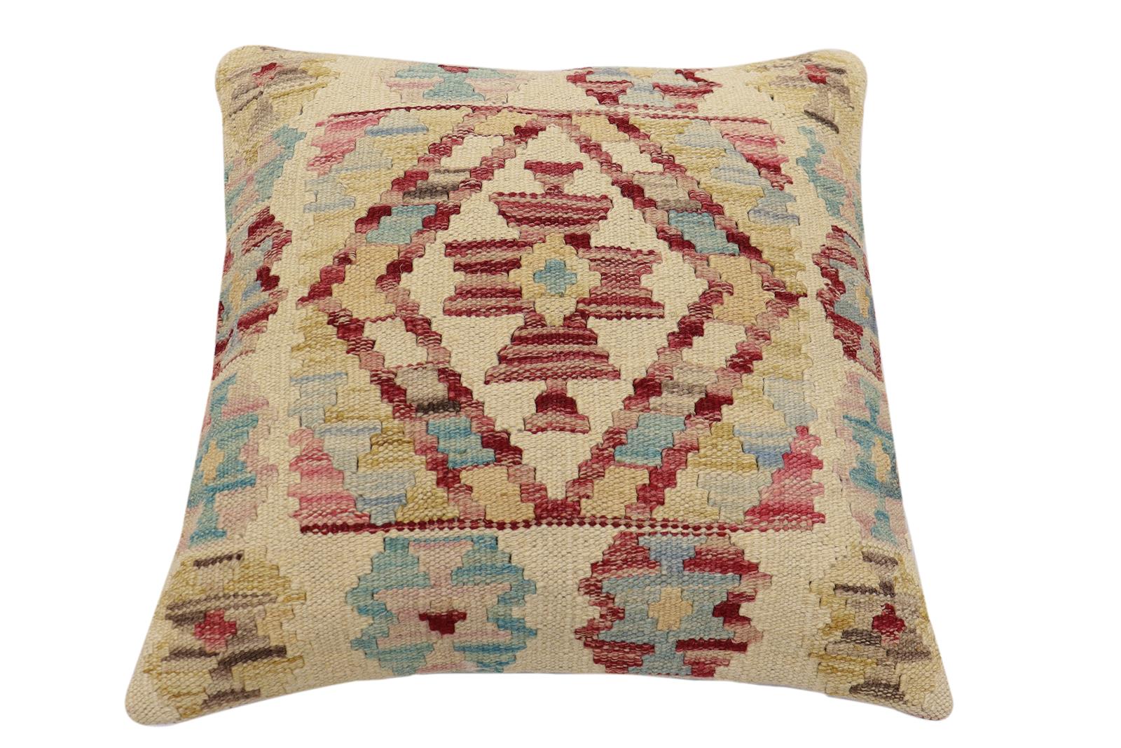 handmade Traditional Pillow Beige Red Hand-Woven SQUARE 100% WOOL Hand woven turkish pillow2 x 2
