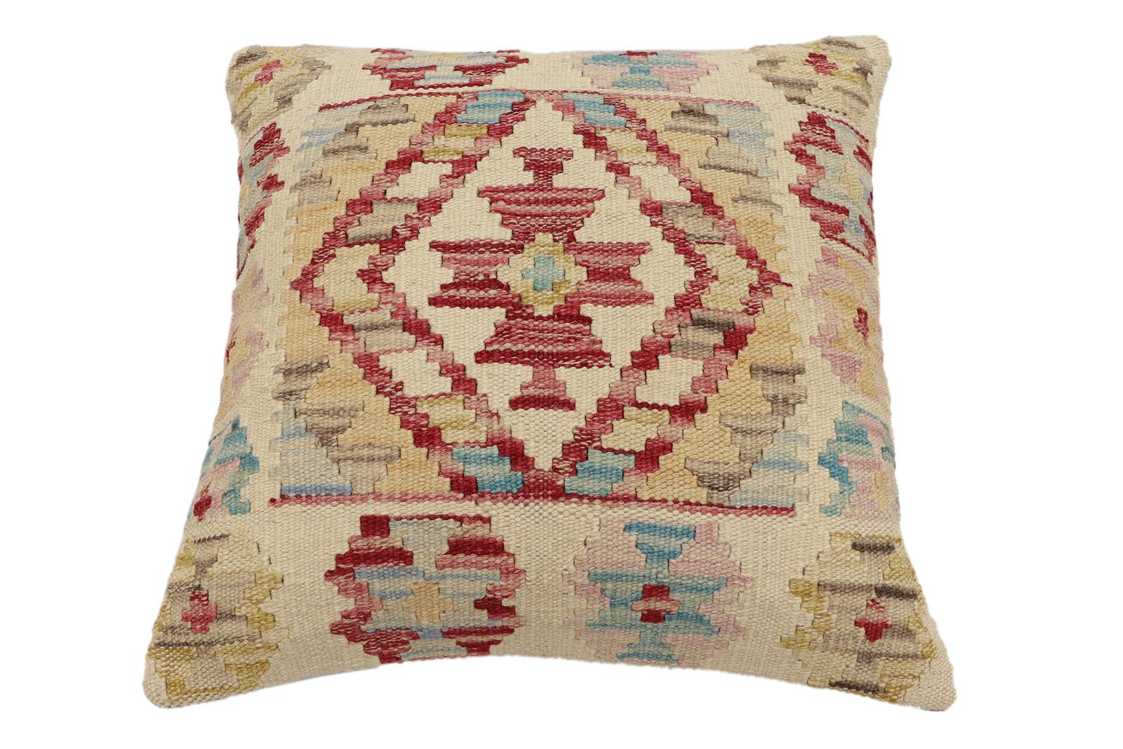 handmade Traditional Pillow Beige Red Hand-Woven SQUARE 100% WOOL Hand woven turkish pillow2 x 2