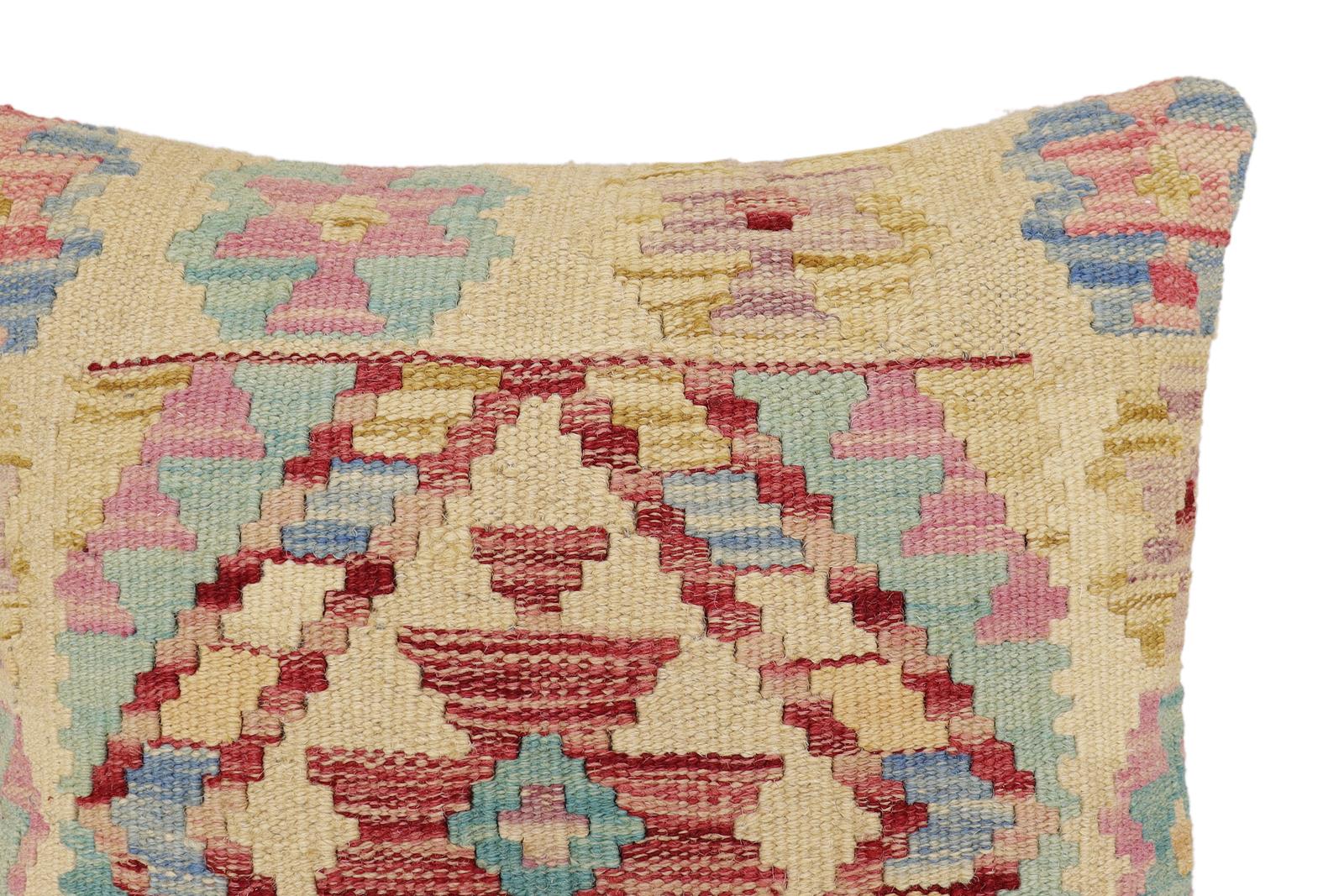 handmade Traditional Pillow Beige Red Hand-Woven SQUARE 100% WOOL Hand woven turkish pillow2 x 2