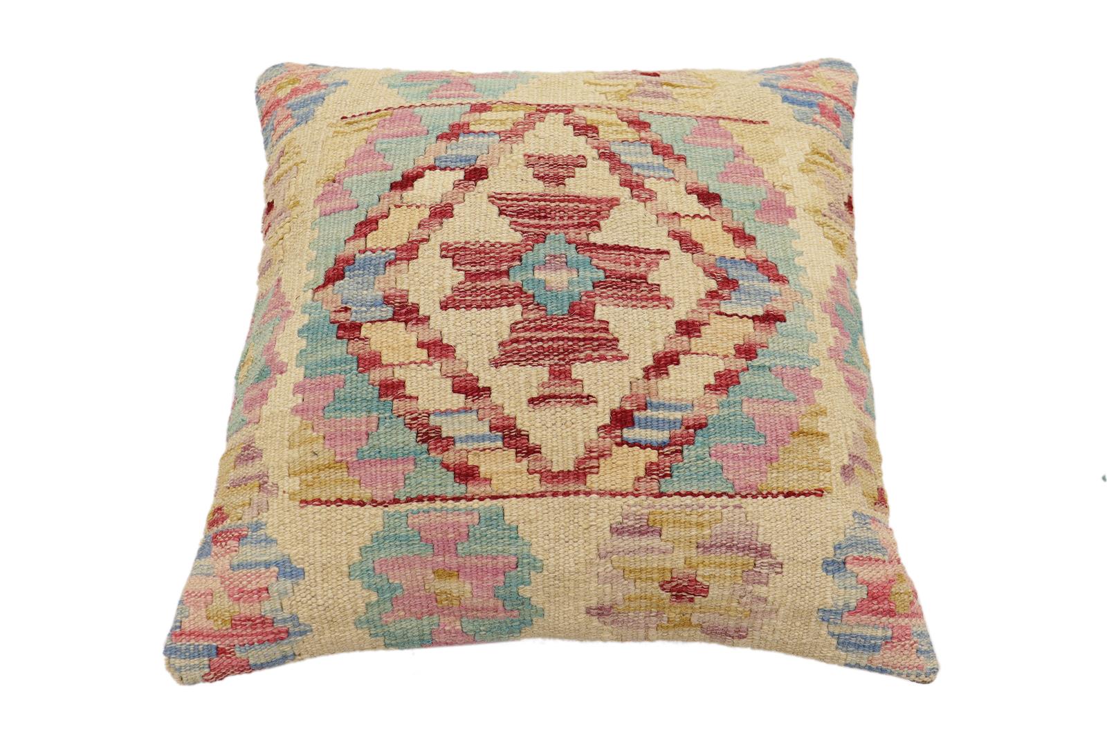 handmade Traditional Pillow Beige Red Hand-Woven SQUARE 100% WOOL Hand woven turkish pillow2 x 2
