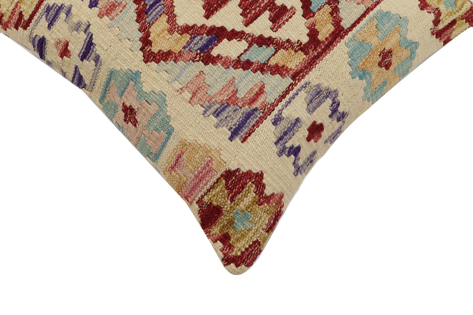 handmade Traditional Pillow Beige Red Hand-Woven SQUARE 100% WOOL  Hand woven turkish pillow  2 x 2