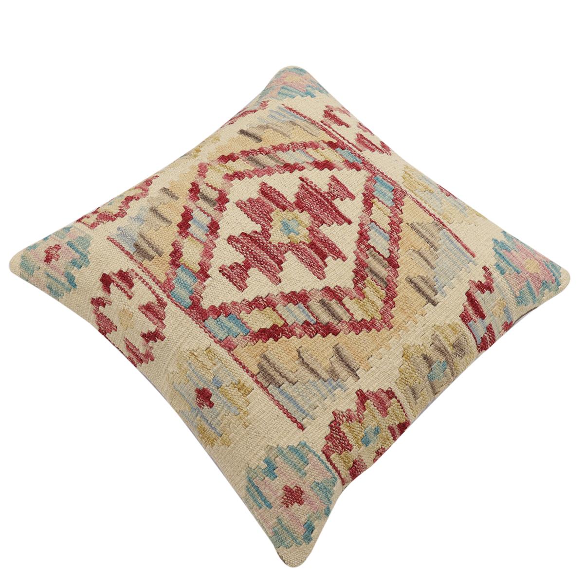 handmade Traditional Pillow Beige Red Hand-Woven SQUARE 100% WOOL Hand woven turkish pillow2 x 2