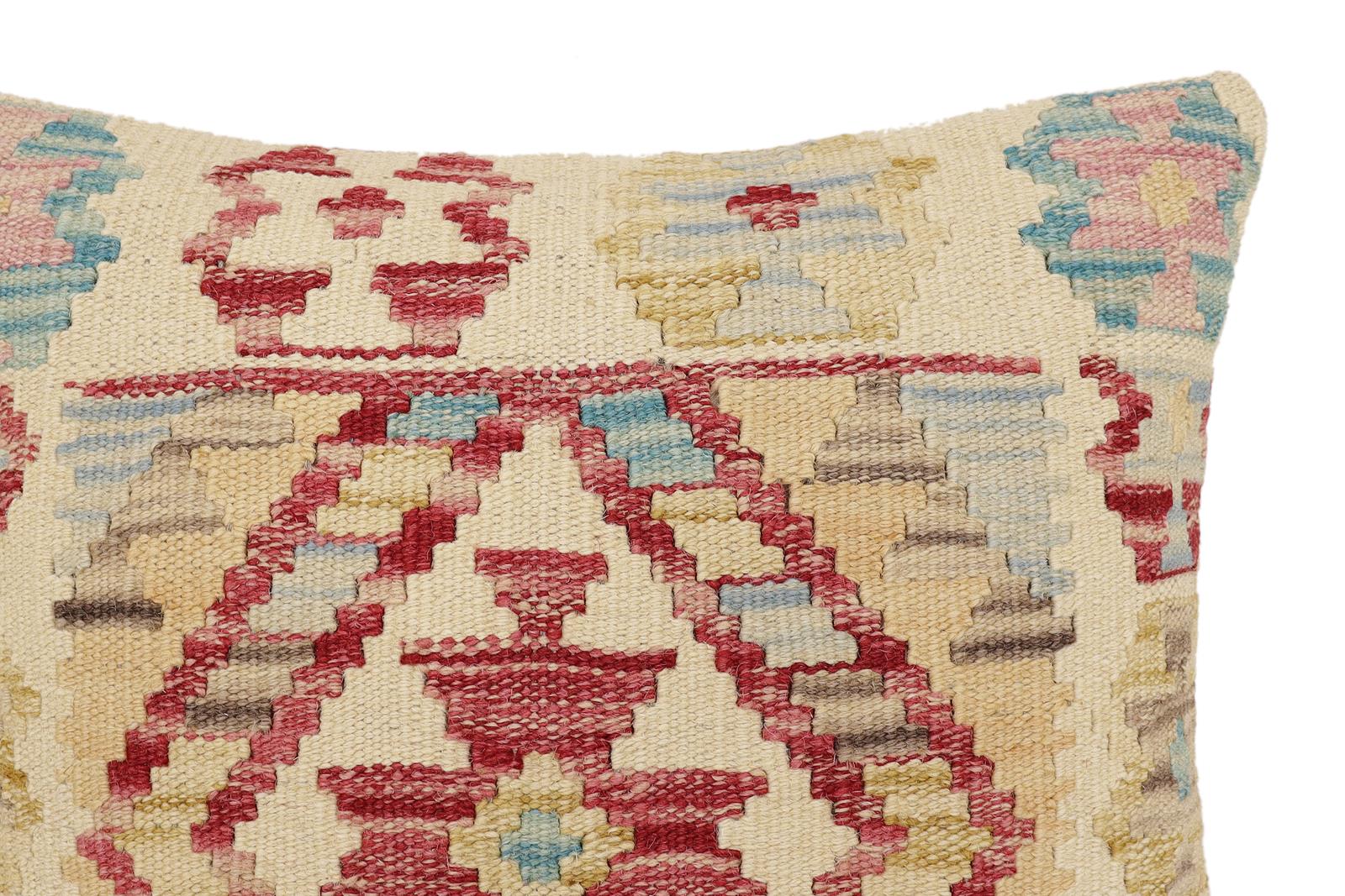 handmade Traditional Pillow Beige Red Hand-Woven SQUARE 100% WOOL Hand woven turkish pillow2 x 2