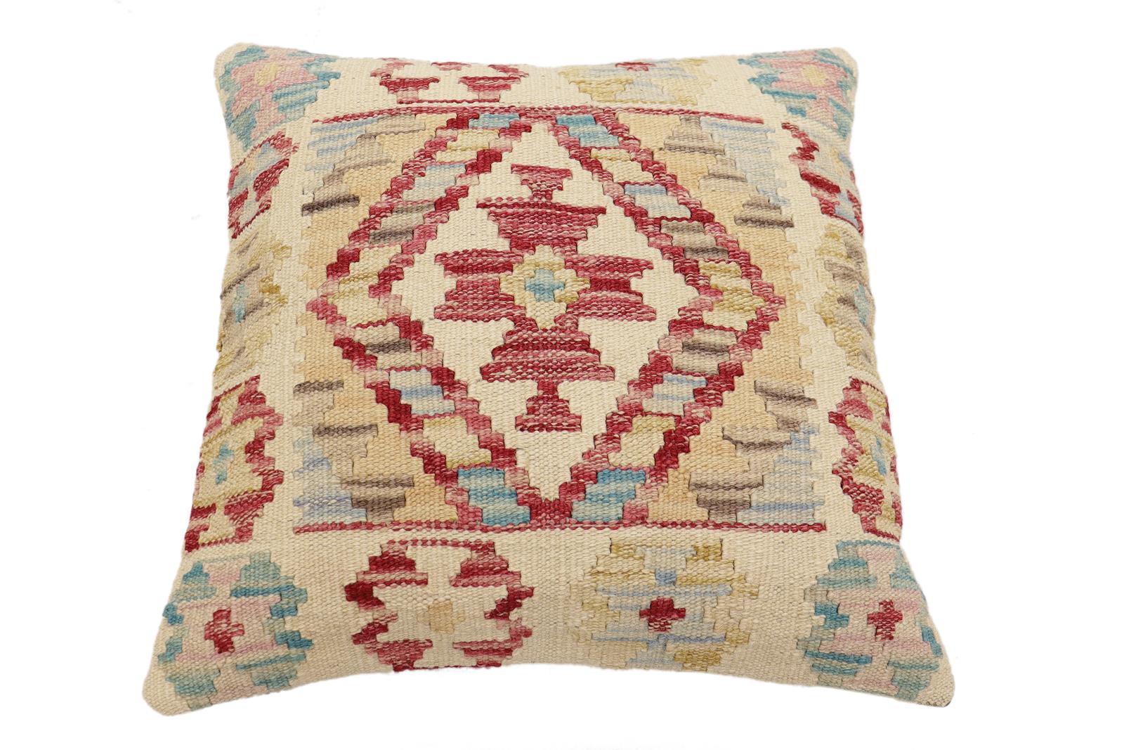 handmade Traditional Pillow Beige Red Hand-Woven SQUARE 100% WOOL Hand woven turkish pillow2 x 2