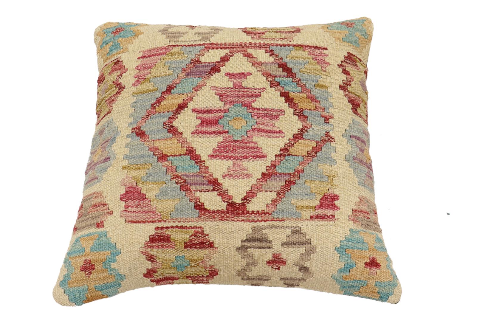 handmade Traditional Pillow Beige Red Hand-Woven SQUARE 100% WOOL Hand woven turkish pillow2 x 2