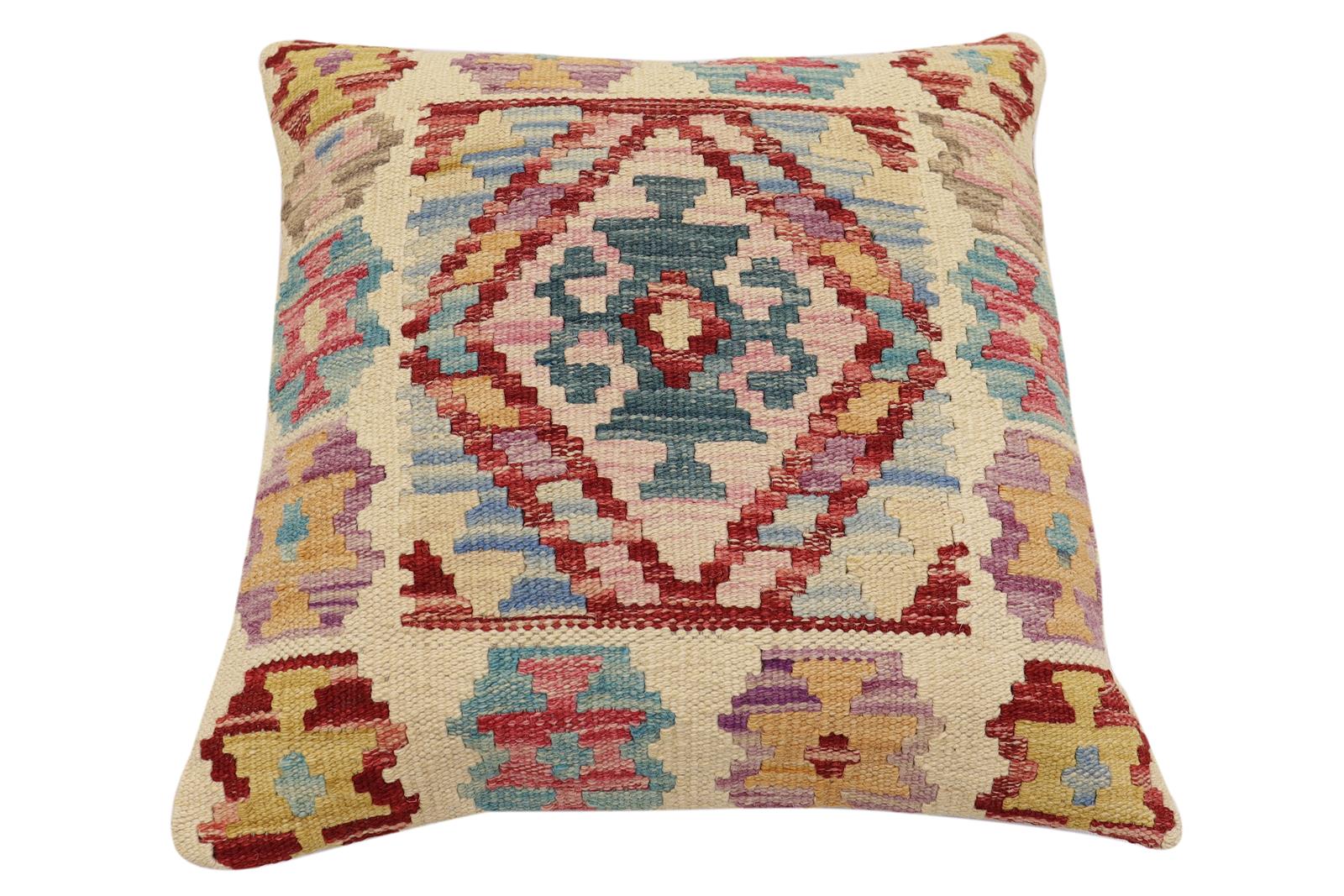 handmade Traditional Pillow Beige Red Hand-Woven SQUARE 100% WOOL Hand woven turkish pillow2 x 2