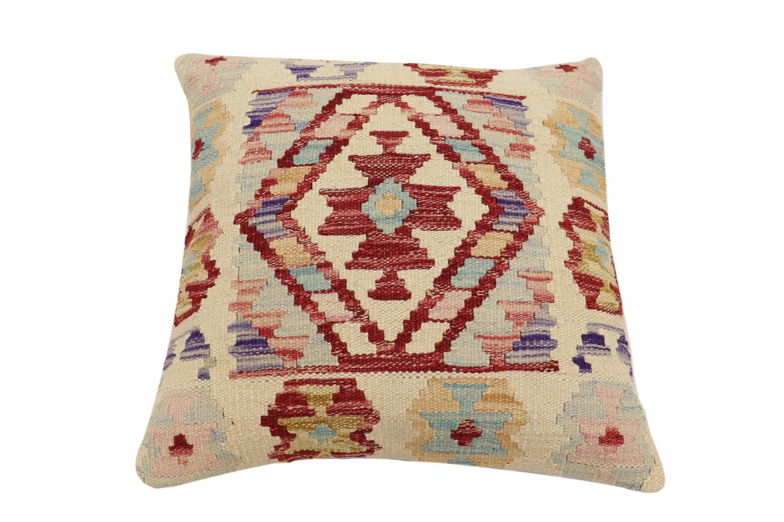 handmade Traditional Pillow Beige Red Hand-Woven SQUARE 100% WOOL Hand woven turkish pillow2 x 2
