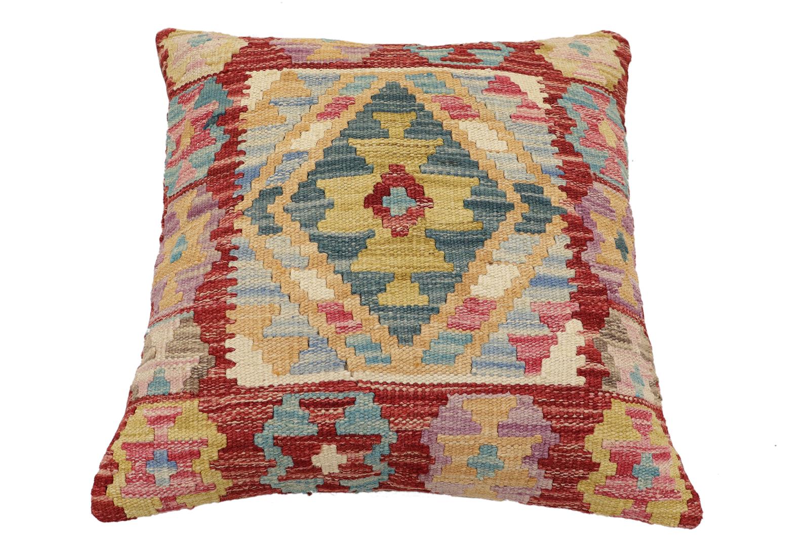 handmade Traditional Pillow Red Blue Hand-Woven SQUARE 100% WOOL Hand woven turkish pillow2 x 2