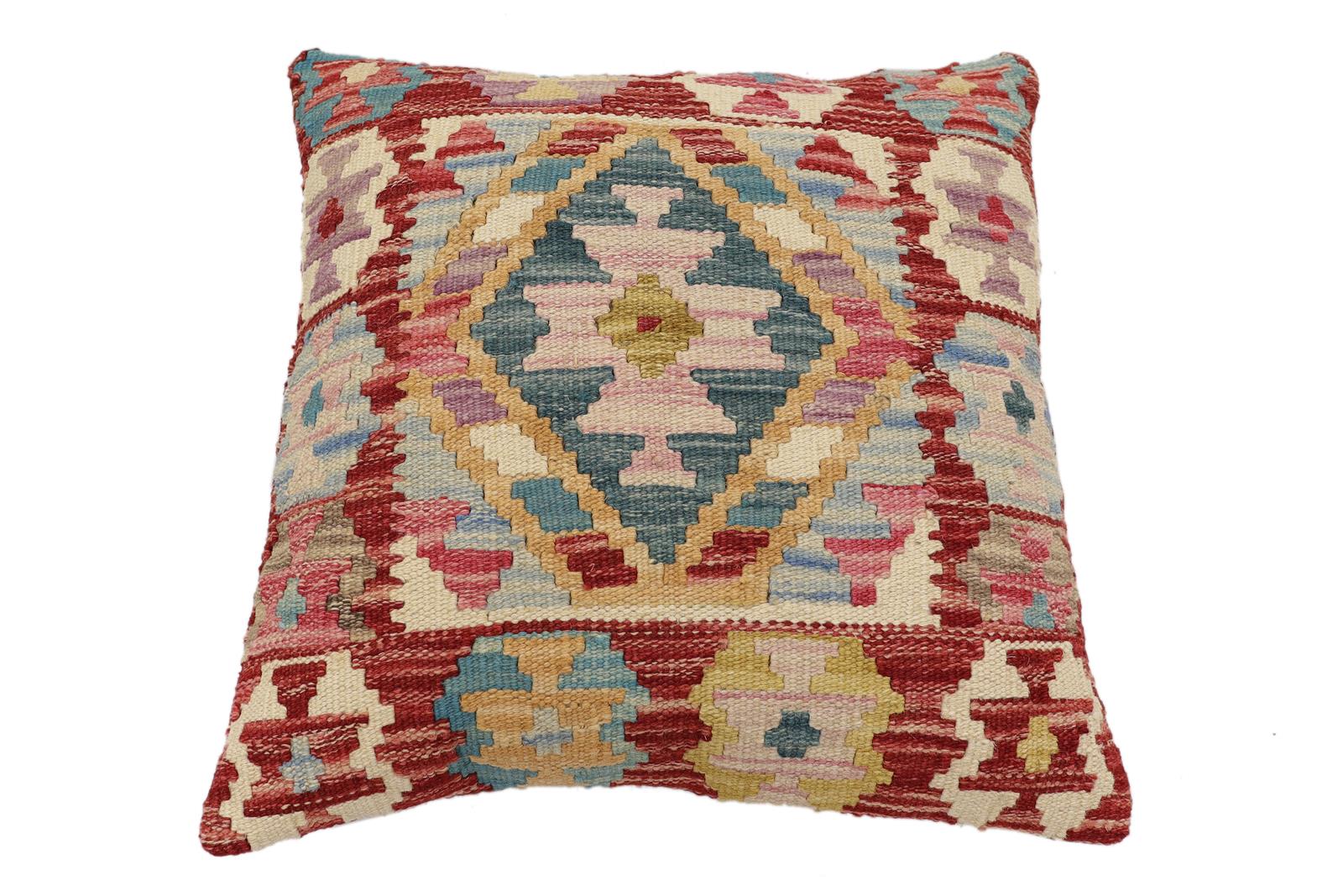 handmade Traditional Pillow Red Blue Hand-Woven SQUARE 100% WOOL Hand woven turkish pillow2 x 2