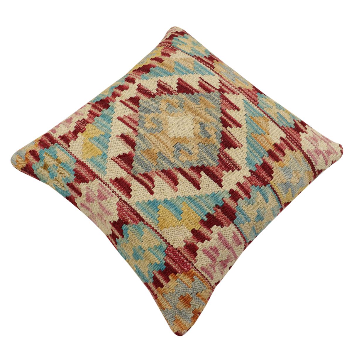 handmade Traditional Pillow Red Blue Hand-Woven SQUARE 100% WOOL Hand woven turkish pillow2 x 2