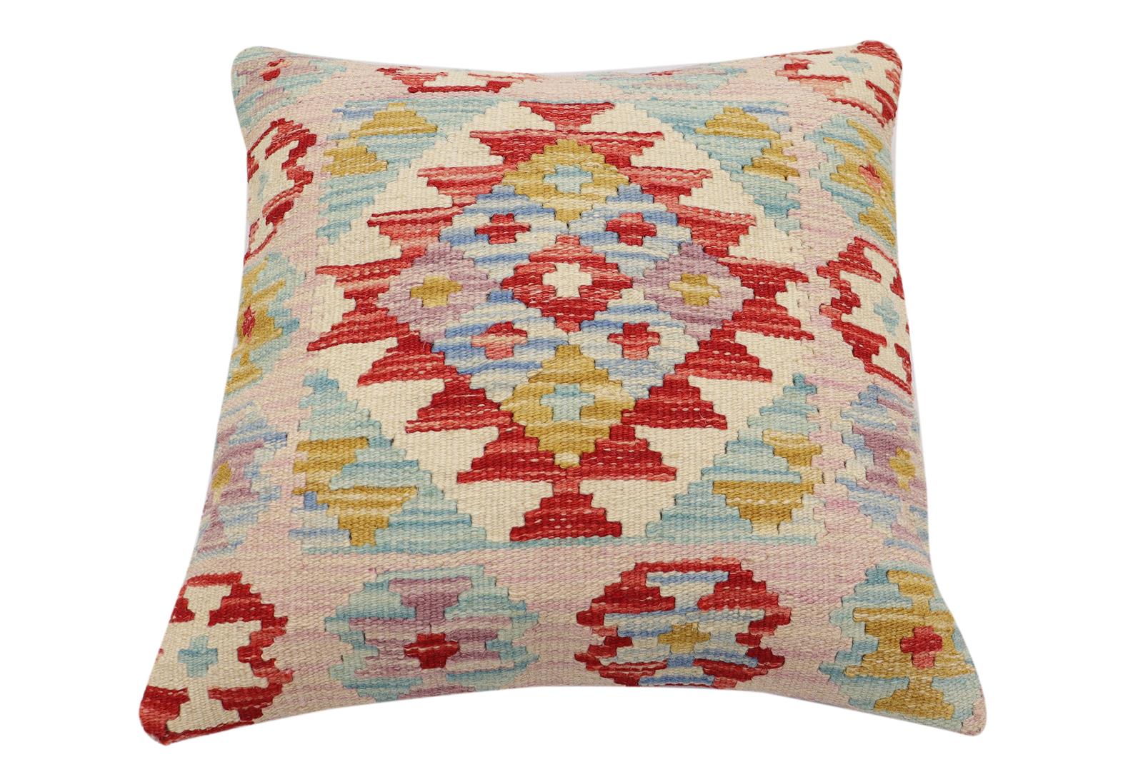handmade Traditional Pillow Red Blue Hand-Woven SQUARE 100% WOOL Hand woven turkish pillow2 x 2