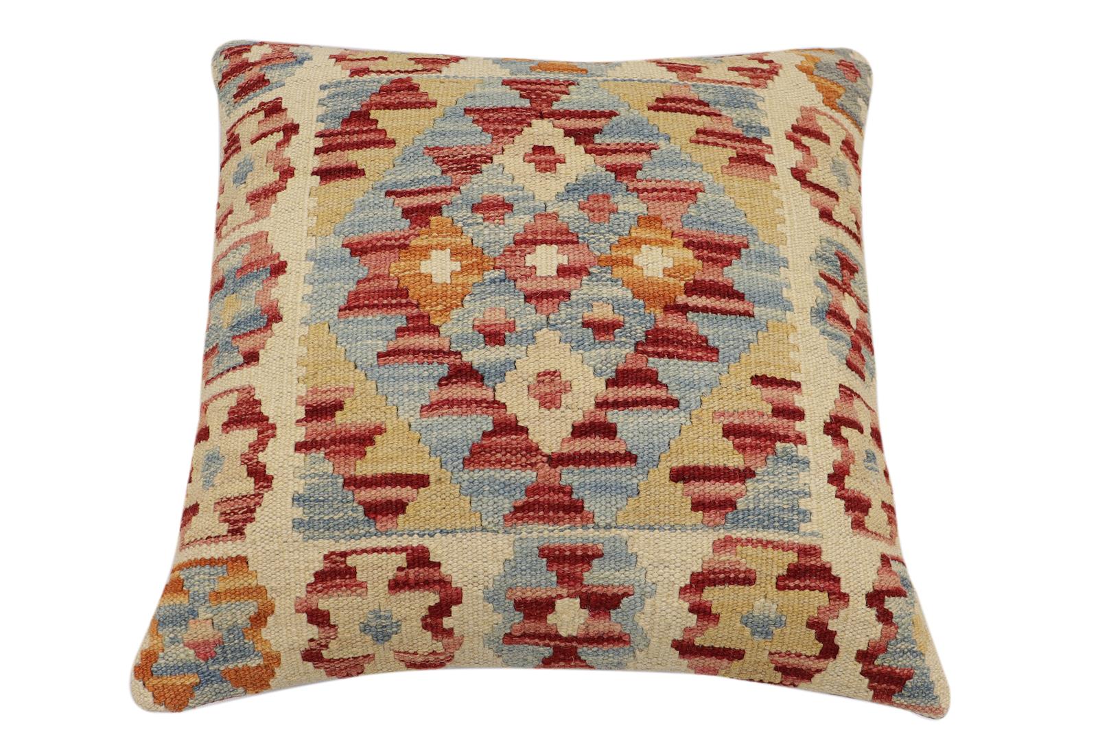 handmade Traditional Pillow Red Blue Hand-Woven SQUARE 100% WOOL Hand woven turkish pillow2 x 2
