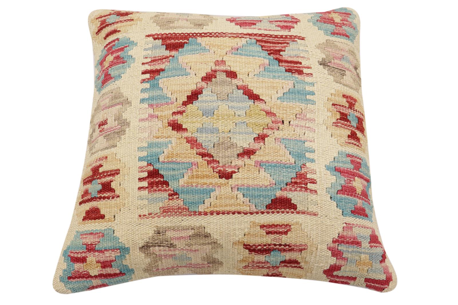 handmade Traditional Pillow Beige Red Hand-Woven SQUARE 100% WOOL Hand woven turkish pillow2 x 2