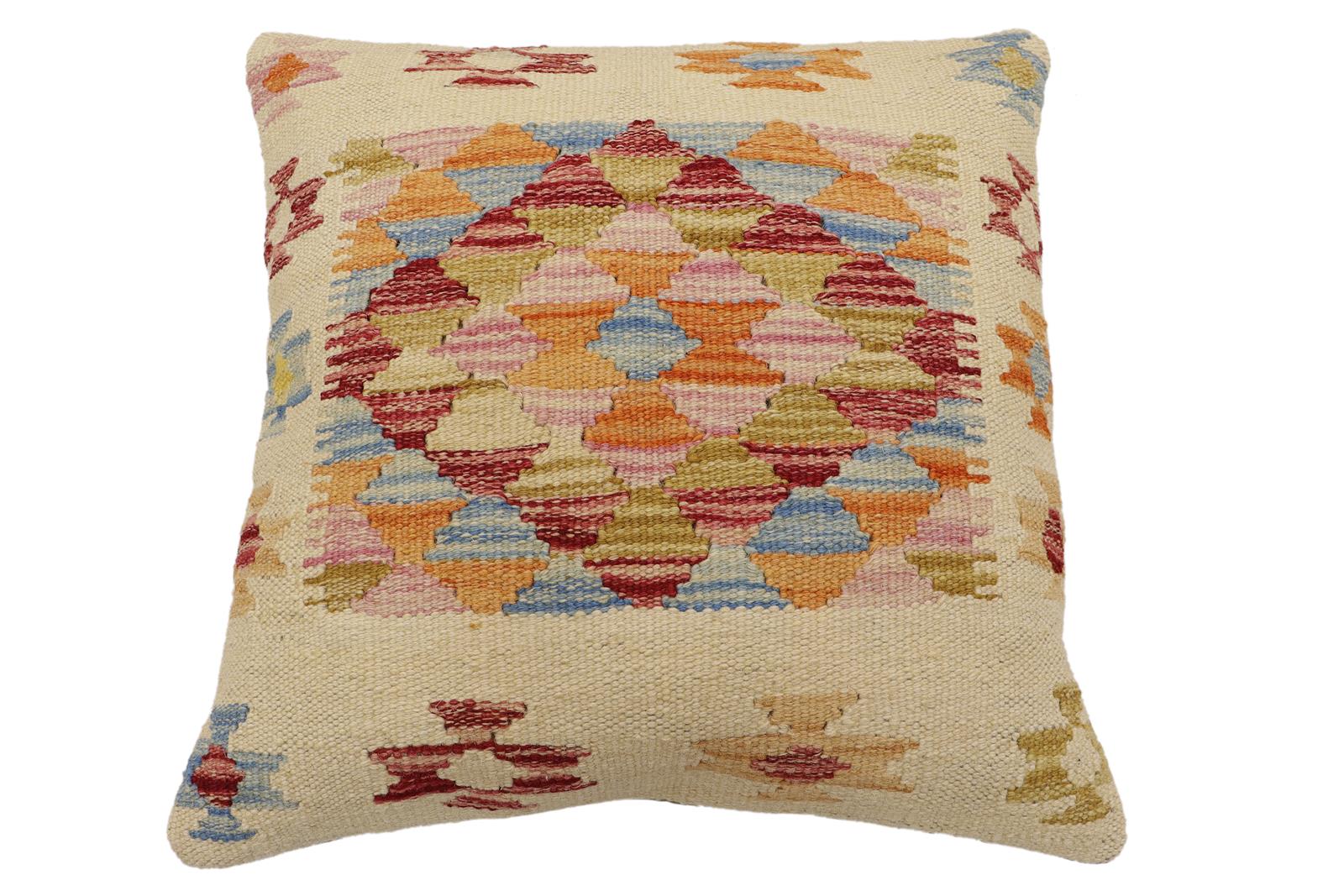 handmade Traditional Pillow Beige Rust Hand-Woven SQUARE 100% WOOL Hand woven turkish pillow2 x 2