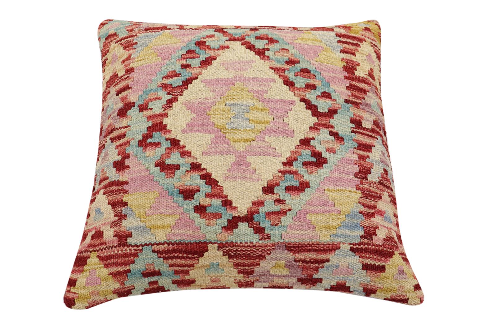 handmade Traditional Pillow Red Blue Hand-Woven SQUARE 100% WOOL Hand woven turkish pillow2 x 2