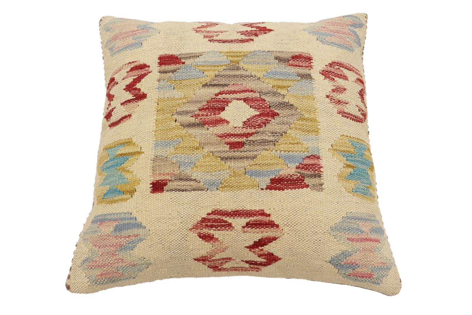 handmade Traditional Pillow Beige Red Hand-Woven SQUARE 100% WOOL Hand woven turkish pillow2 x 2