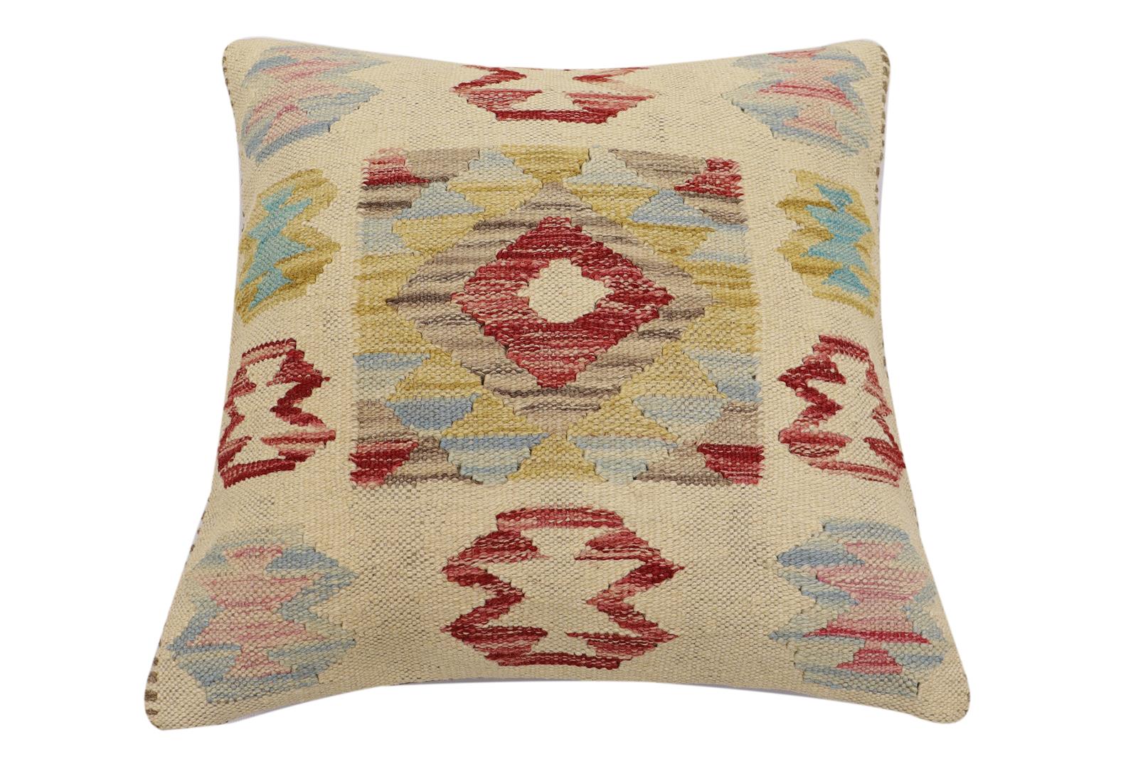 handmade Traditional Pillow Beige Red Hand-Woven SQUARE 100% WOOL Hand woven turkish pillow2 x 2