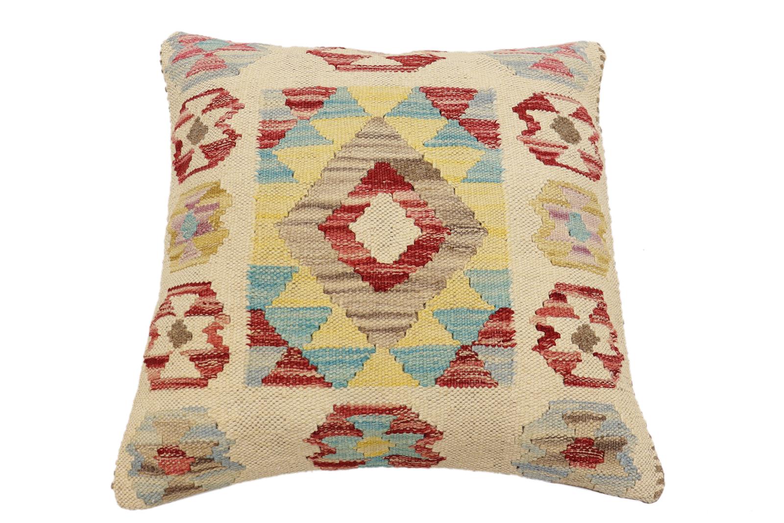 handmade Traditional Pillow Beige Red Hand-Woven SQUARE 100% WOOL Hand woven turkish pillow2 x 2