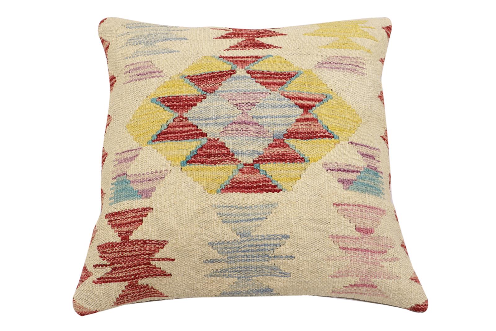 handmade Traditional Pillow Beige Red Hand-Woven SQUARE 100% WOOL Hand woven turkish pillow2 x 2