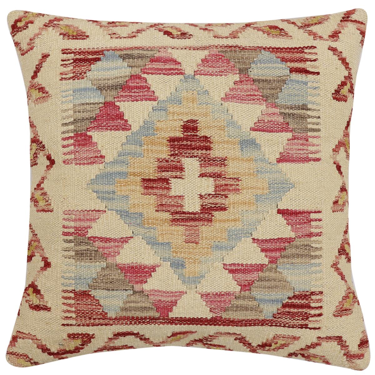 handmade Traditional Pillow Beige Red Hand-Woven SQUARE 100% WOOL  Hand woven turkish pillow  2 x 2