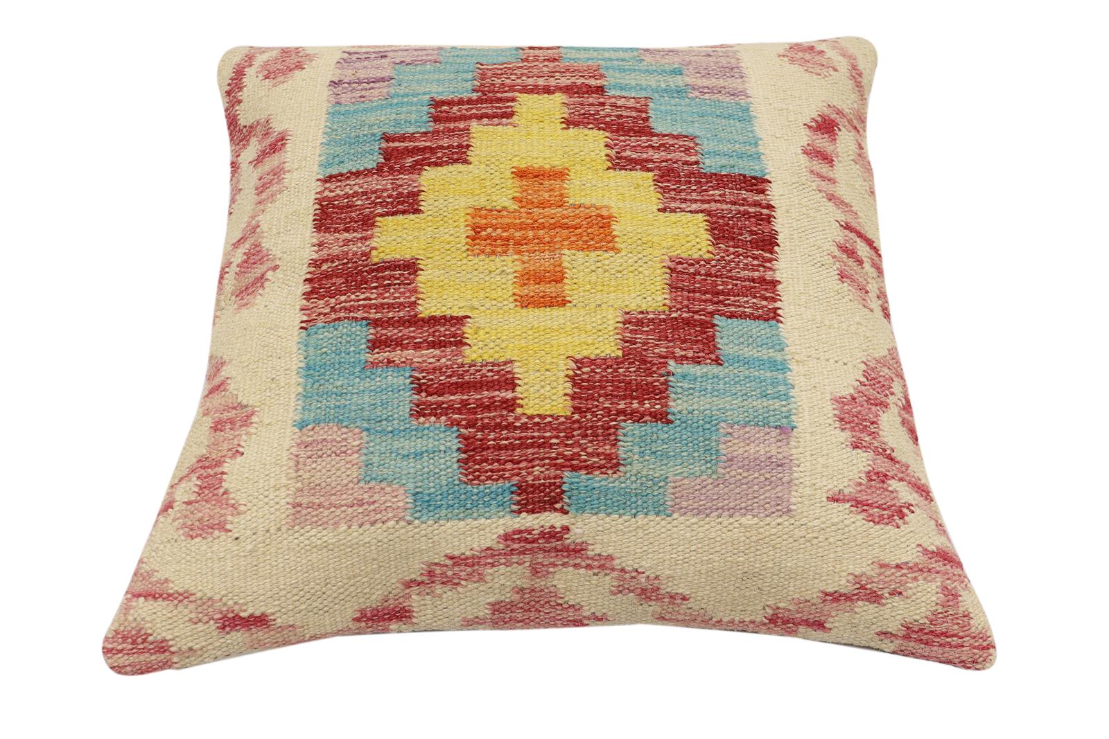 handmade Traditional Pillow Beige Red Hand-Woven SQUARE 100% WOOL Hand woven turkish pillow2 x 2