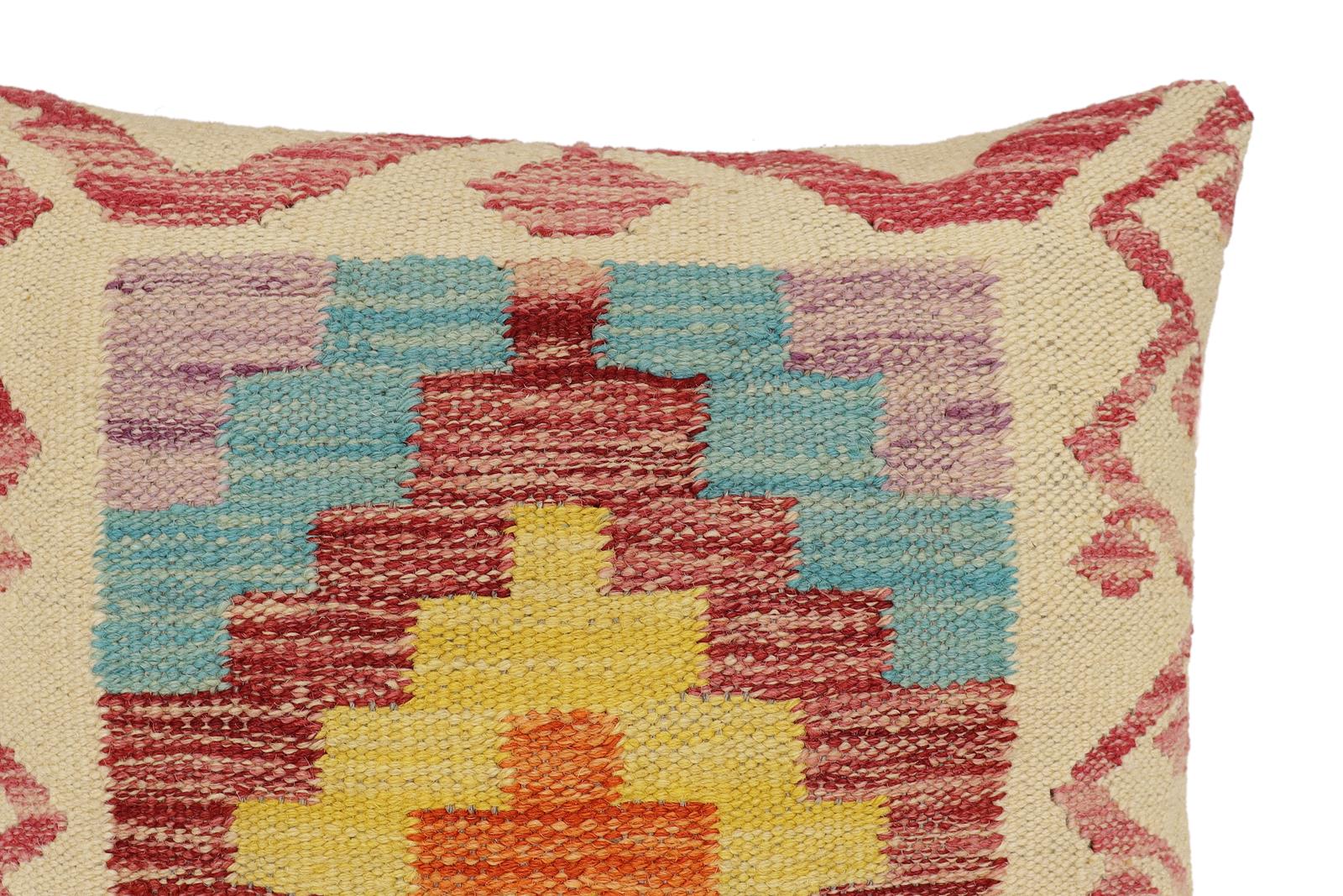 handmade Traditional Pillow Beige Red Hand-Woven SQUARE 100% WOOL Hand woven turkish pillow2 x 2