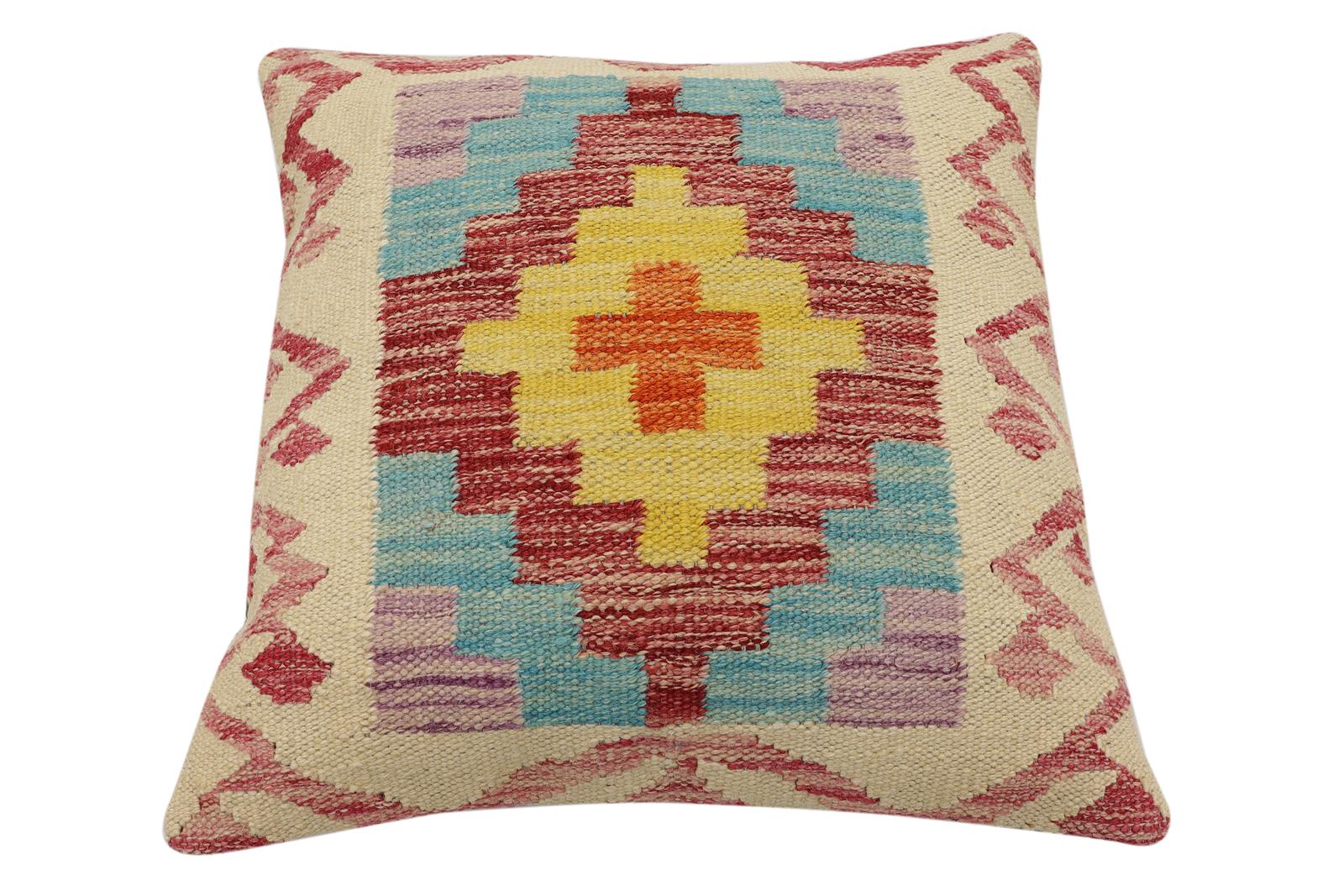 handmade Traditional Pillow Beige Red Hand-Woven SQUARE 100% WOOL Hand woven turkish pillow2 x 2