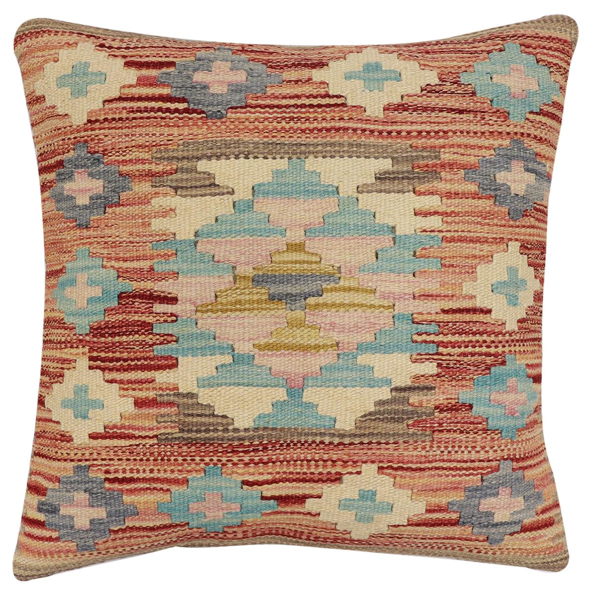 handmade Traditional Pillow Rust Blue Hand-Woven SQUARE 100% WOOL Hand woven turkish pillow2 x 2