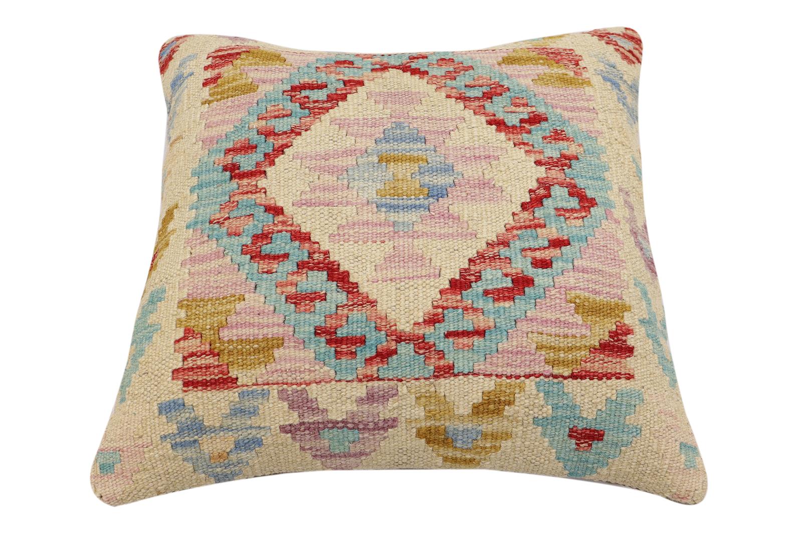 handmade Traditional Pillow Beige Red Hand-Woven SQUARE 100% WOOL Hand woven turkish pillow2 x 2