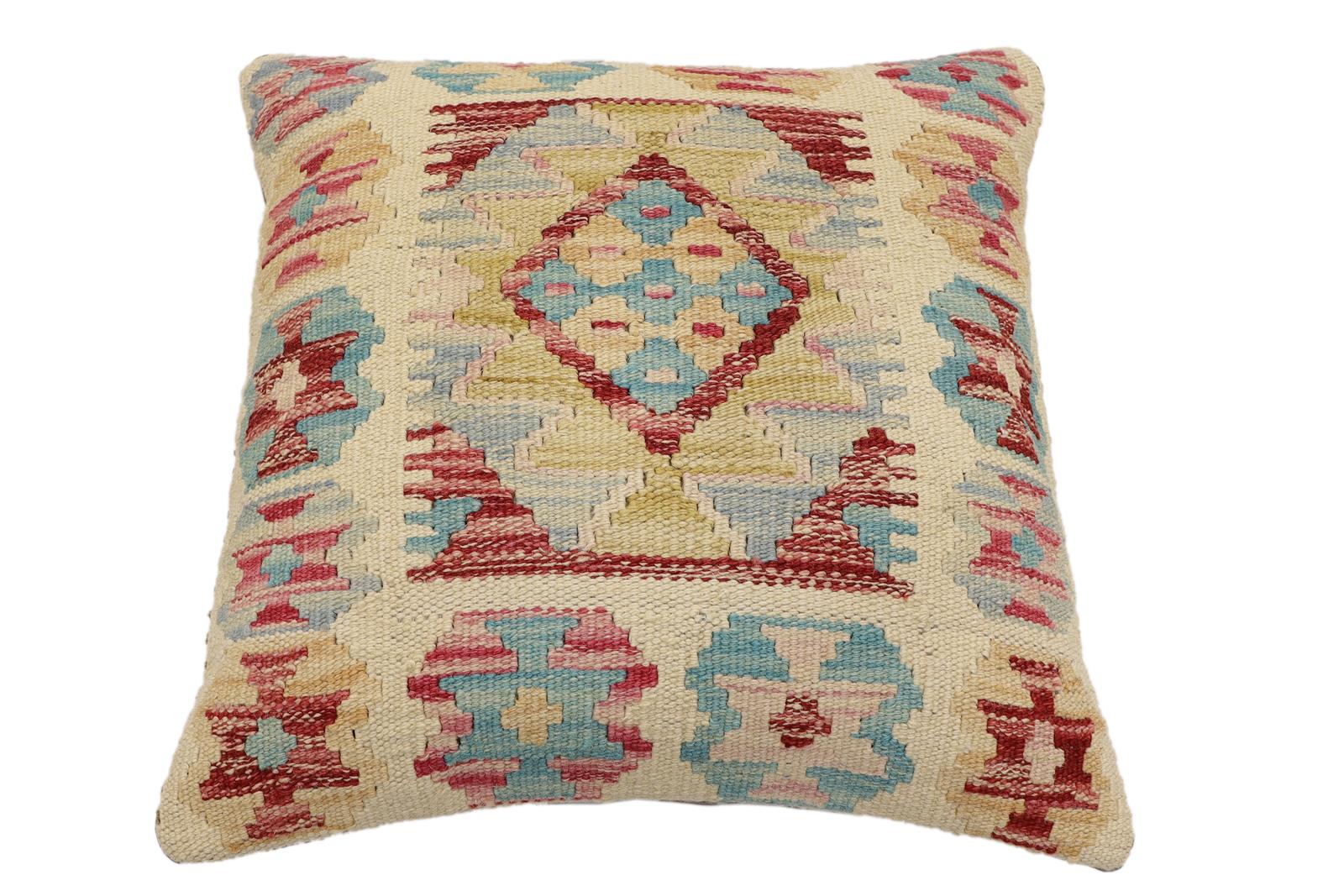 handmade Traditional Pillow Beige Red Hand-Woven SQUARE 100% WOOL Hand woven turkish pillow2 x 2