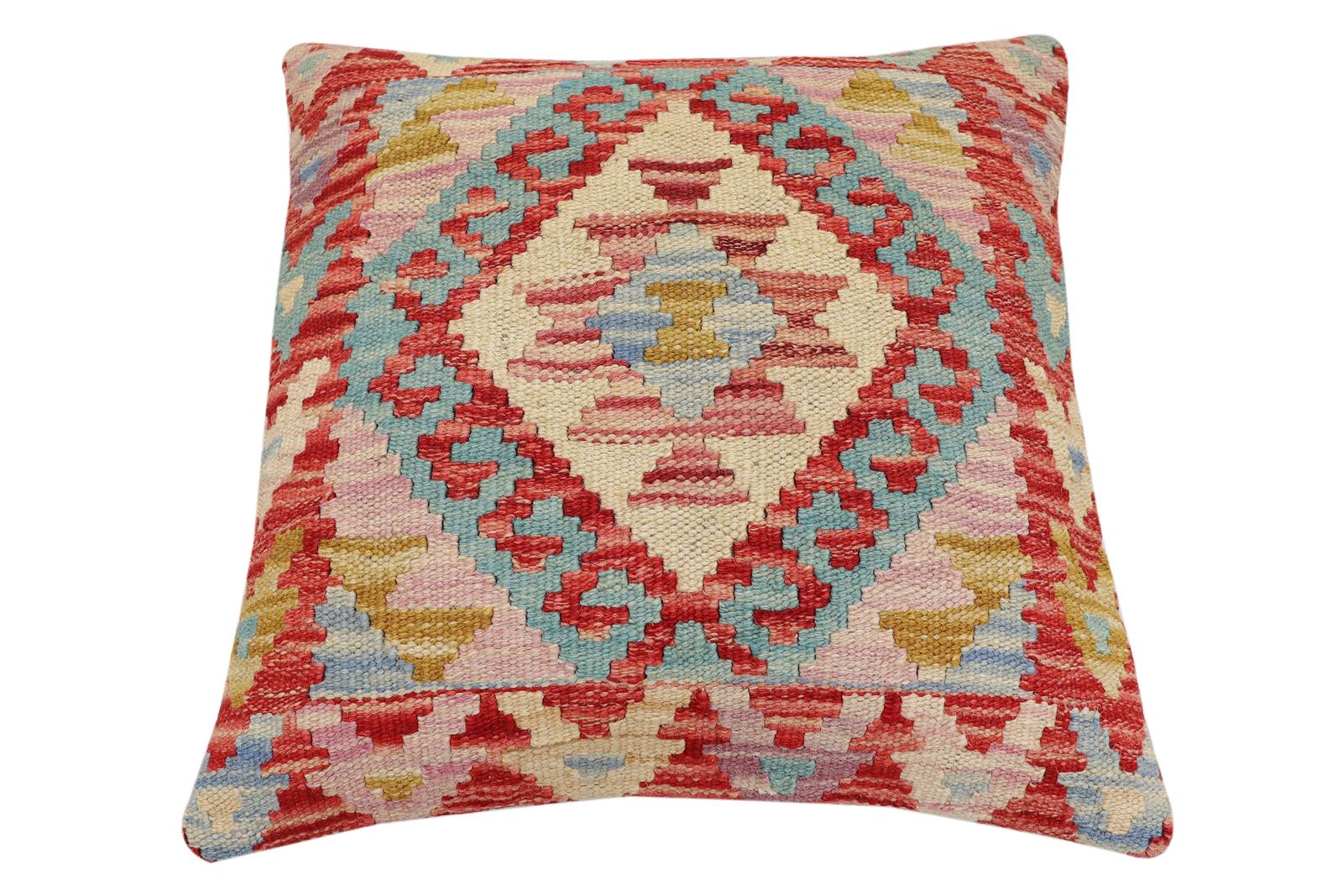 handmade Traditional Pillow Red Blue Hand-Woven SQUARE 100% WOOL Hand woven turkish pillow2 x 2