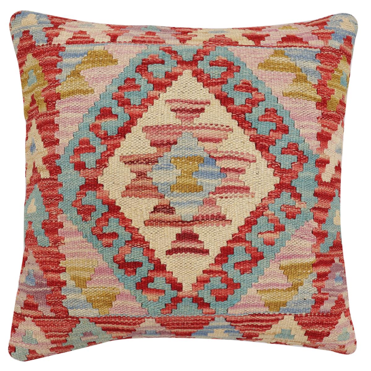 handmade Traditional Pillow Red Blue Hand-Woven SQUARE 100% WOOL Hand woven turkish pillow2 x 2