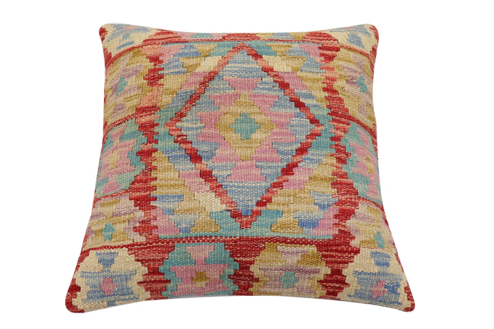 handmade Traditional Pillow Rust Blue Hand-Woven SQUARE 100% WOOL Hand woven turkish pillow2 x 2