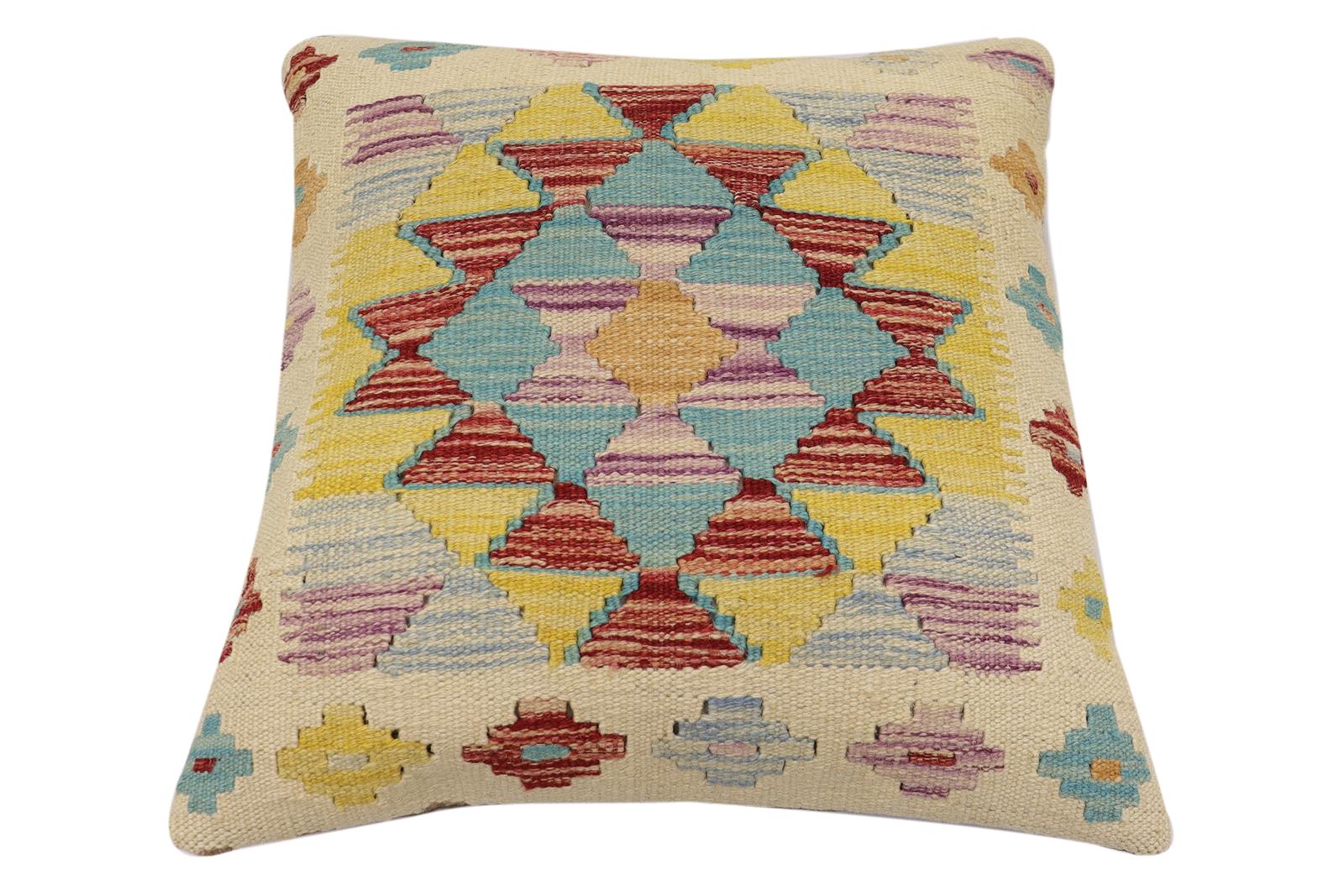 handmade Traditional Pillow Beige Rust Hand-Woven SQUARE 100% WOOL Hand woven turkish pillow2 x 2