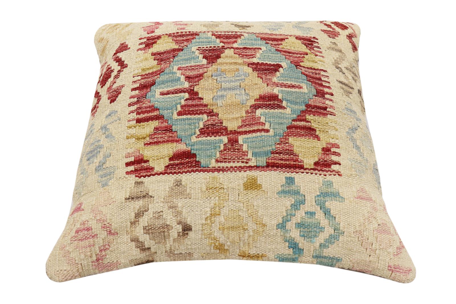 handmade Traditional Pillow Red Blue Hand-Woven SQUARE 100% WOOL Hand woven turkish pillow2 x 2