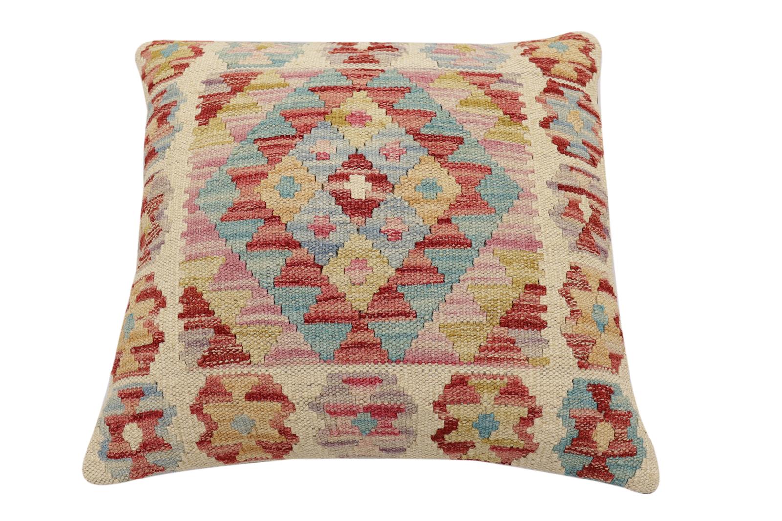 handmade Traditional Pillow Rust Blue Hand-Woven SQUARE 100% WOOL Hand woven turkish pillow2 x 2
