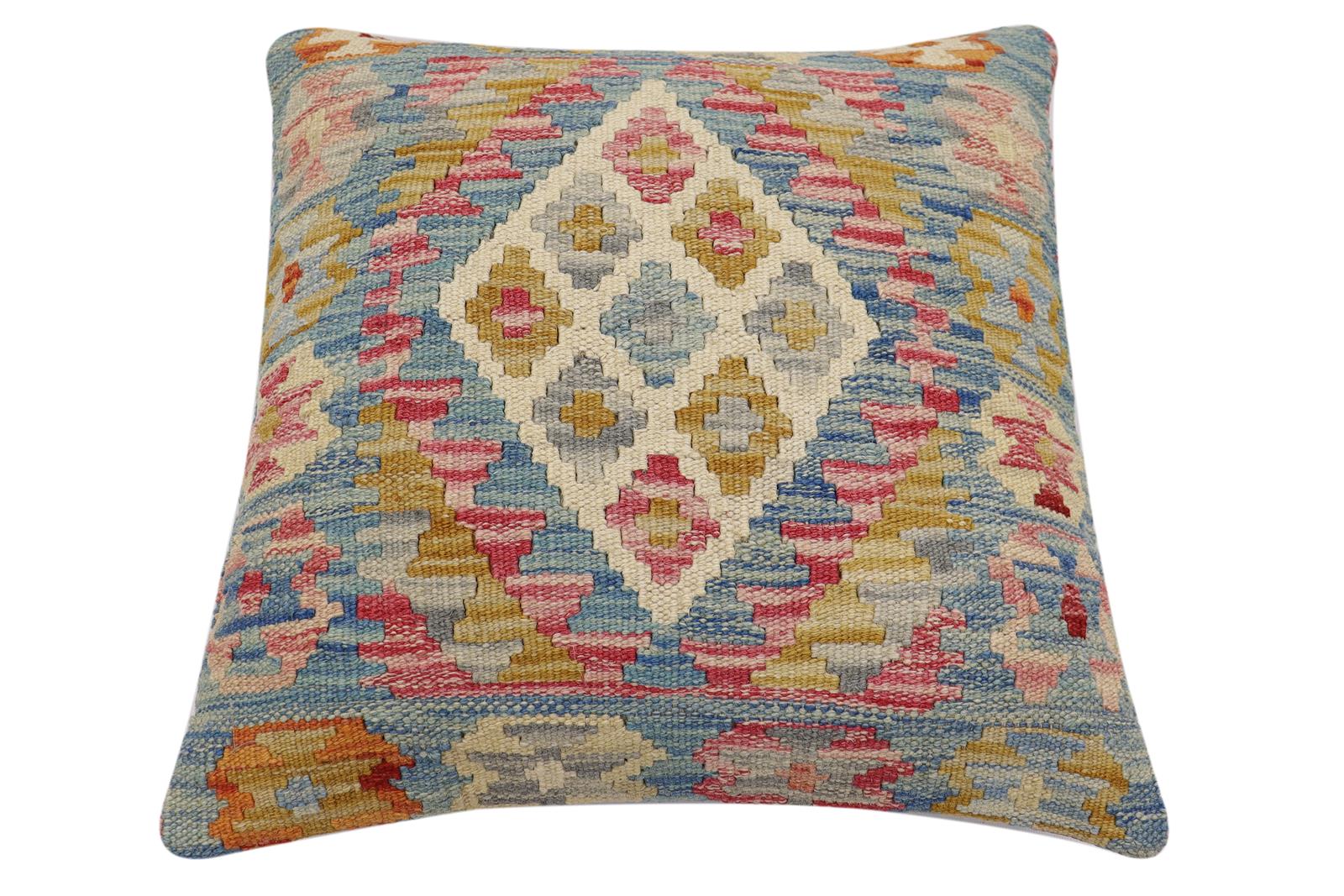 handmade Traditional Pillow Blue Beige Hand-Woven SQUARE 100% WOOL Hand woven turkish pillow2 x 2