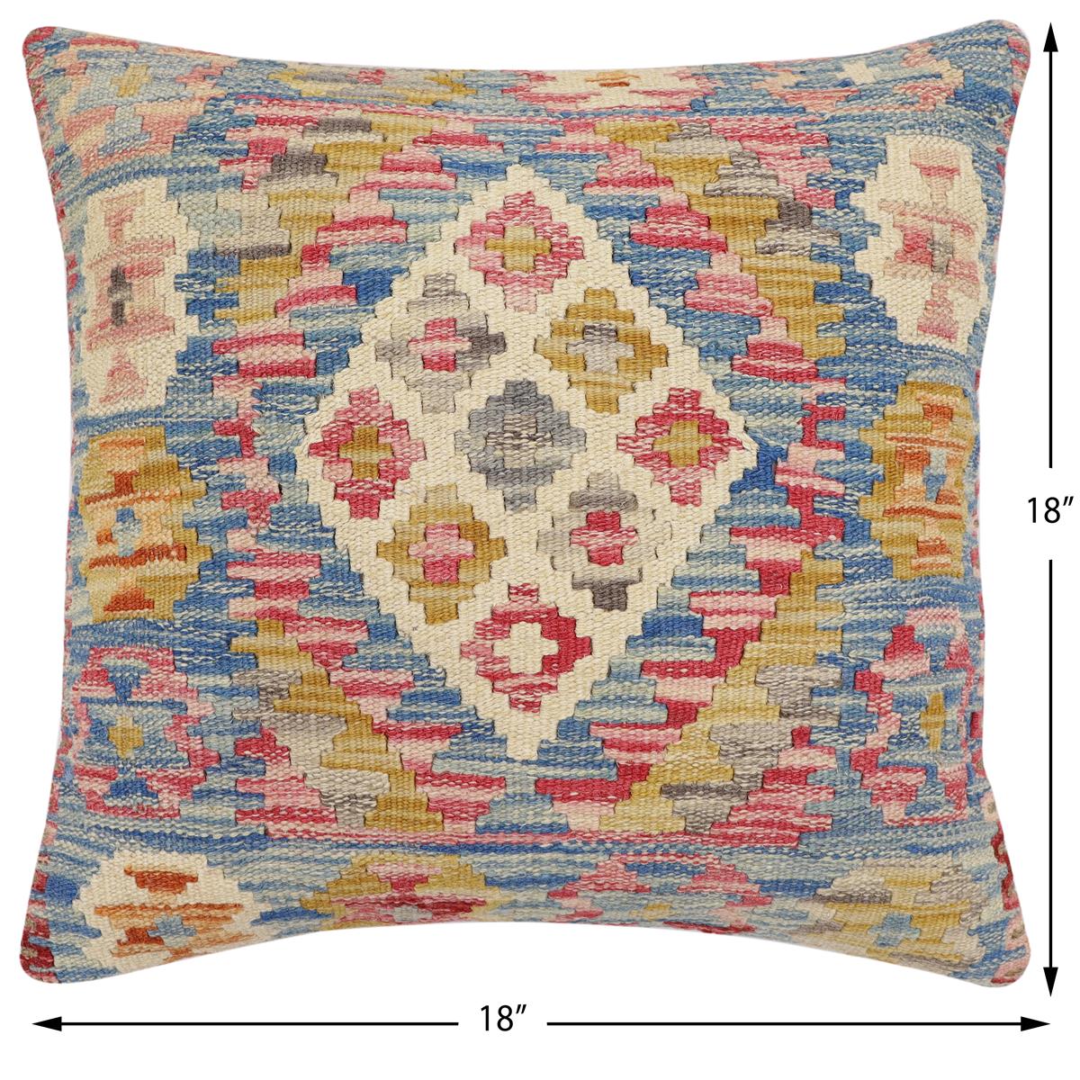 handmade Traditional Pillow Blue Beige Hand-Woven SQUARE 100% WOOL Hand woven turkish pillow2 x 2