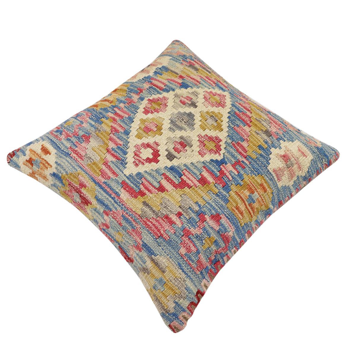 handmade Traditional Pillow Blue Beige Hand-Woven SQUARE 100% WOOL Hand woven turkish pillow2 x 2